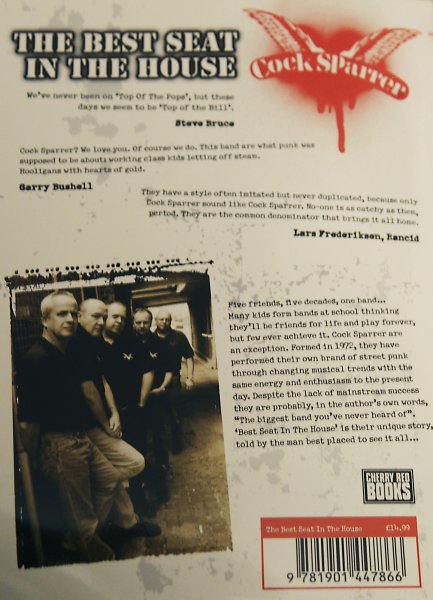 The Best Seat in the House, A Cock Sparrer Story by Steve Bruce, Back cover & collection of live photography within book photos by Sam Bruce 2011